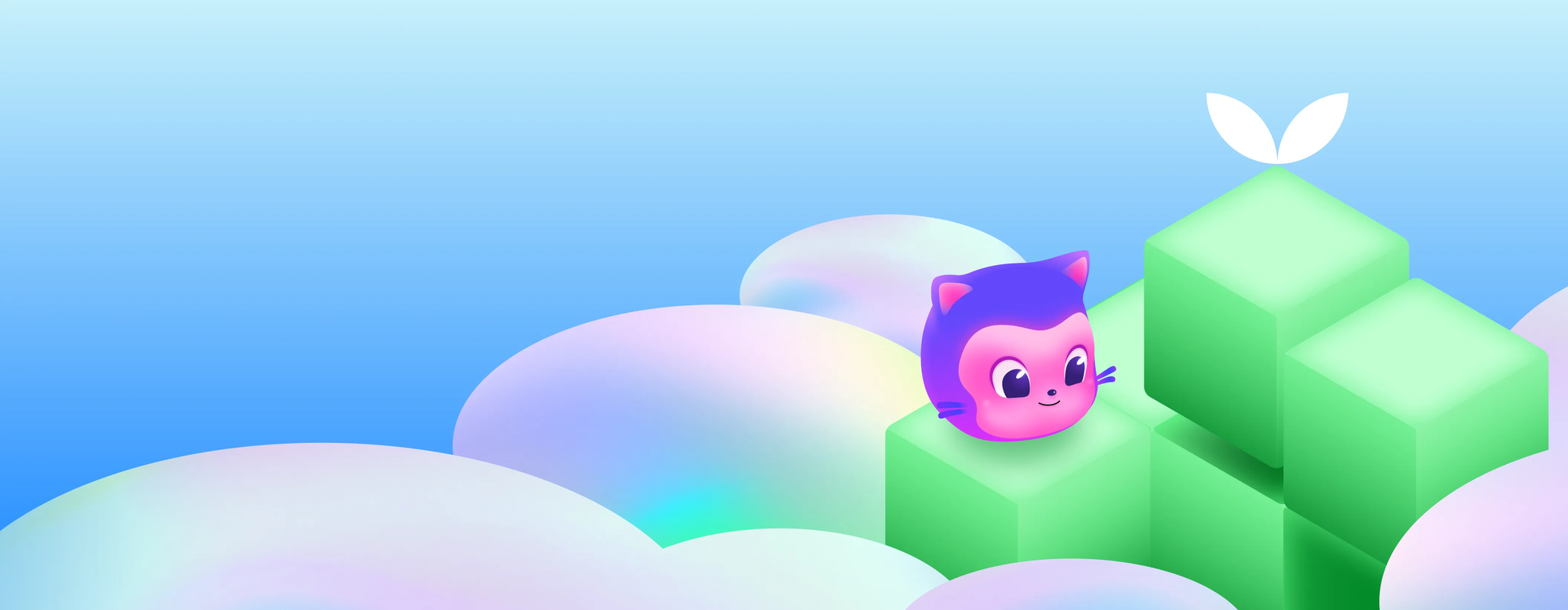Mona perched on green blocks beneath a white sprout, surrounded by pastel clouds and a blue sky.